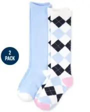 The Children's Place Girls Shoe Size 1-2 Blue Argyle Knee Socks 2-Pack NWT