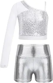 [Aislor] Kids Girls Shiny 2 Pieces Dance Outfits Sequins Crop Tops with Athletic Shorts for Ballet Gymnastics Leotard Yoga