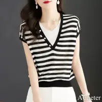 在飛比找momo購物網優惠-【ACheter】冰絲黑白條紋短袖潮流漂亮V領針織短版上衣#