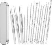KEWAYO Professional 15 Pieces Pimple Tool Set, Blackhead Remover, Professional Stainless Steel Acne, Blemishes, Comedone Removal Tool with Metal Case and Tweezers for Whitehea