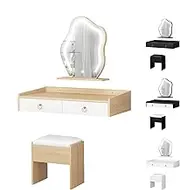 ALFORDSON Wall-Mounted Dressing Table Set with Adjustable LED Mirror, Drawers and Storage Stool, Floating Makeup Dessk 77cm, Wood White