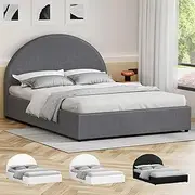 [ALFORDSON] Gas Lift Bed Frame, Double Size Bed Base with Headboard and Storage Base, Linen Fabric Upholsttery Mattress Foundation for Bedroom, Howell Series Fabric Grey