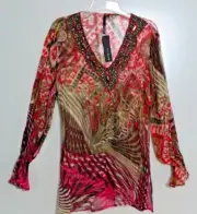NWT Kay Celine Multi-Color Beaded Viscose Semi-Sheer Peasant Blouse Size M