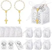 100 Pieces Baptism Favors Set Includes 25 Pieces Mini Rosary, Laser Cut Baptism Favor Boxes, White Organza Bags and 25 Pcs Thank You Tags for Baby Shower Gifts Wedding Party Supplies