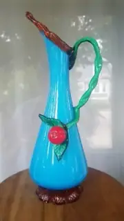 Antique Victorian Glass Ewer Stevens & Williams Applied Cherry w/ Leaves