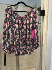 Betsey Johnson Floral Peasant Top Peplum Blouse Polka Dot Black Pink logo new