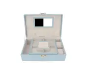 Large Capacity PU Leather Jewelry Storage Box – Blue Earring and Necklace Holder with Mirror