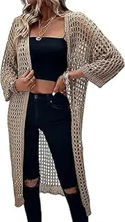 [Generic] Women's Hollow Out 3/4 Sleeve Open Front Knit Cardigan Long Kimono