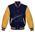 Varsity Letterman Bomber Retro Navy Wool & Gold Real Leather Sleeves Jacket