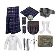 Men's Traditional Scottish Thistle wool Tartan 11 Pcs kilt set Wedding Outfit.