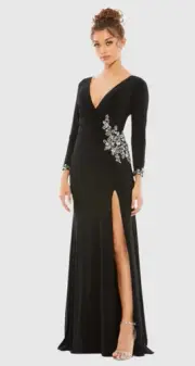 Mac Duggal Floral Embellished Faux Wrap Jersey GownSize 14 In Black 41016 Womans