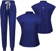 [Meichoon] Women's Medical Scrubs Separate Set Stand-up Neck Stretch Top with 2 Side Pockets Tapered Yoga Pants Soft & Wrinkle Resistant DK55