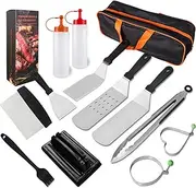 Griddle Accessories Kit, Flat Top Grill Accessories Set, Outdoor BBQ Tool Set, Grilling Utensils Set with Long Handle Metal Spatula, Griddle Scraper, Cleaning Kit, Carry Bag