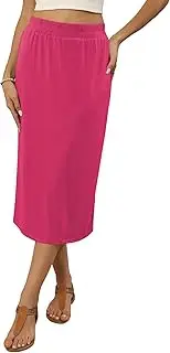 Naggoo Womens Midi Skirts Summer Elastic High Waisted Back Slit Long Straight Skirt Below Knee