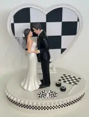 Wedding Cake Topper Racing Checkered Flag Themed Short-Haired Bride Race Fans