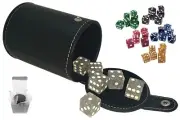 (6 )Transparent Glitter Dice + PU Leather Black Felt Lined Cup w/Compartment Box