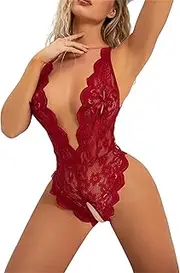 [Generic] Women Deep V One Piece Lingerie Lace Babydoll Mini Bodysuit See Through Backless Halter Sexy Nightgown