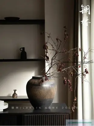 簡約現代陶瓷花瓶插花裝飾侘寂風客廳擺件黑色大口中式陶瓷插花瓶