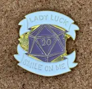 Lady Luck Smile On Me Pin - Purple D20 Dice Pin - DnD, D&D, Dungeons and Dragons