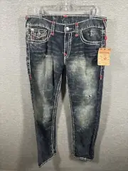 NEW WITH TAGS TRUE RELIGION SLIM FLAP BIG T RED STITCH MOONLESS NIGHTS SZ 34
