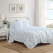 [Laura Ashley] King Bed Sheets, Crisp & Cool Cotton Percale Bedding with Matching Pillowcases, Lightweight Bed Set, Oeko-Tex Certified (Walled Garden Blue)