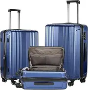 [Kaleenie] 3 Piece 20/24/28 Inch Expandable Luggage Set, 20” Side Opening Carry On, 24 & 28 Inch Checked Middle Opening, ABS+PC Hardshell Lightweight Suitcase, Dark Blue