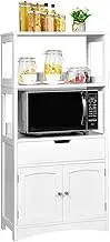 Giantex Floor Storage Cabinet, Freestanding Organizer w/ 3-Tier Rack, Drawer & Door, Kitchen Pantry Holder w/Anti-Toppling Mechanism, Wooden Entryway Sideboard, White