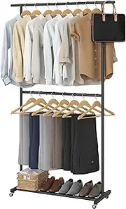 Sywhitta Double Rod Clothing Garment Rack, Rolling Coat Hanger with Bottom Mesh, Clothing Rack for Hanging Clothes, Coats, Skirts, Sweaters, Black