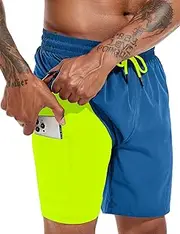 [Atforna] Men's Long 2-in-1 Swimming Shorts with Compression Quick-Drying Breathable Swim Shorts with Zip Pocket Adjustable Drawstring, Sea Blue, Small