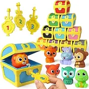 Fine Motor Skill Toys for Toddlers, 10pcs Surprise Animals Finger Puppets Treasure with Number Locks, Matching Color Sorting Pirate Hunt Game, Learning Montessori for 3 4 5 Year Old