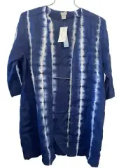 CHICOS 2p PL NWT Blue White Tie Dye Open Front 100% Linen Jacket Cardigan