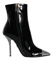 Dolce & Gabbana Black Patent Leather Crystal Heel Boots Women's Shoes Authentic