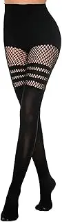 [Oxtxuzdm] Women's Hollowed Fishnet Patchwork Mock Suspender Tights Faux Thigh High Socks Black Pantyhose Dance Stockings Clubwear