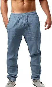 Mens Cotton Linen Drawstring Pants Casual Lightweight Elastic Waist Beach Pants Casual Jogger Yoga Pants with Pockets