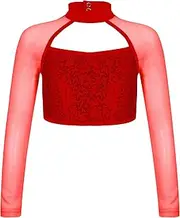 [Sxiwei] Kids Girls Sequins Crop Tops Long Sleeve Mock Neck Jazz Hip Hop Ballet Dance Tops Dancewear