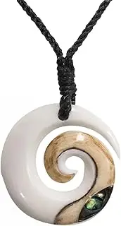 [81stgeneration] Hand Carved Koru Real Bone Pendant with Genuine Abalone Shell - Black Cord Hawaii Necklace - Maori Style Jewellery - Round Spiral Swirl Surfer Necklace for Men - Natural Accessories
