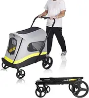 BingoPaw Folding Extra Large Dog Stroller : Portable Dog Buggy 4 Wheels for Large Dogs Pet Cat Travel Carriage Stroller Breathable Carrier with Rain Cover Inlcude