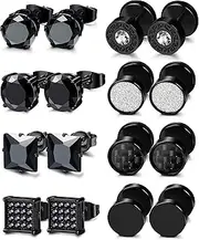 [Jstyle] 8 Pairs Stainless Steel Black CZ Stud Earrings Set for Men Women Silver Cubic Zirconia Barbell Earrings