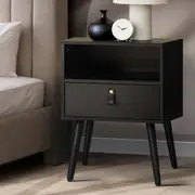Oikiture Bedside Tables Side Table Drawer w/ Leather Handle Black