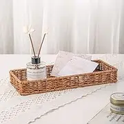 Rattan Bathroom Tray for Counter, Toilet Tank, Bathroom Sink Vanity, Guest Towel Napkin Holder, Storage Basket for Home Decor, 13.7'' x 5.3" x 1.8''
