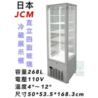 在飛比找蝦皮購物優惠-鑫旺廚房規劃_日本JCM直立四面玻璃冷藏櫃_268L全新前後