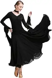 [YHHGDS] V-Collar Women's Ballroom Dance Dress, Modern Lyrical Standard Ballroom Competition Dress Long Sleeves Stretchy Long Skirt for Waltz Tango Costume