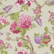 Wallpaper Jacobean Floral in Pink Greens & Tan on Pearlized Cream, 56 sq ft Bolt