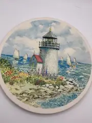 Hand Painted Lighthouse Seaside Ceramic Cork Backed Trivet Signed By Hopkins 6”