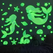 Buiory Removable Mermaid Wall Decals Glow in The Dark Mermaid Star Stickers DIY Peel and Stick Under The Sea Ocean Creatures Wall Stickers for Nursery Bedroom Bathroom Mirror Wall Decor