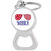 Merica Red White Blue Bottle Opener Keychain - Metal Beer Bar Tool Key Ring