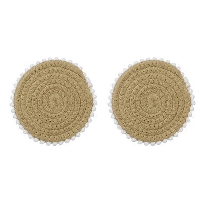 2Pcs Round Braided Placemats, 5.3" Woven Floral Edge Placemats (Khaki)