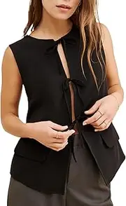 Ladyful Women's Summer Tie Front Vest Top Sleeveless Blazer Suit Vest Dressy Business Work Waistcoat Top
