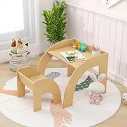 HONEY JOY Kids Table and Chair Set, Cute Activity Table and Chair Set w/Wide Tabletop, Curved Edges for Kid’s Room, Nursery, Playroom, Space-Saving Children Furniture Set for 3+ Years Old, Natural