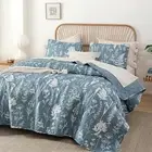 Twin Quilt Mineral Blue Quilt Bed Spread Boho Quilt with Floral Pattern